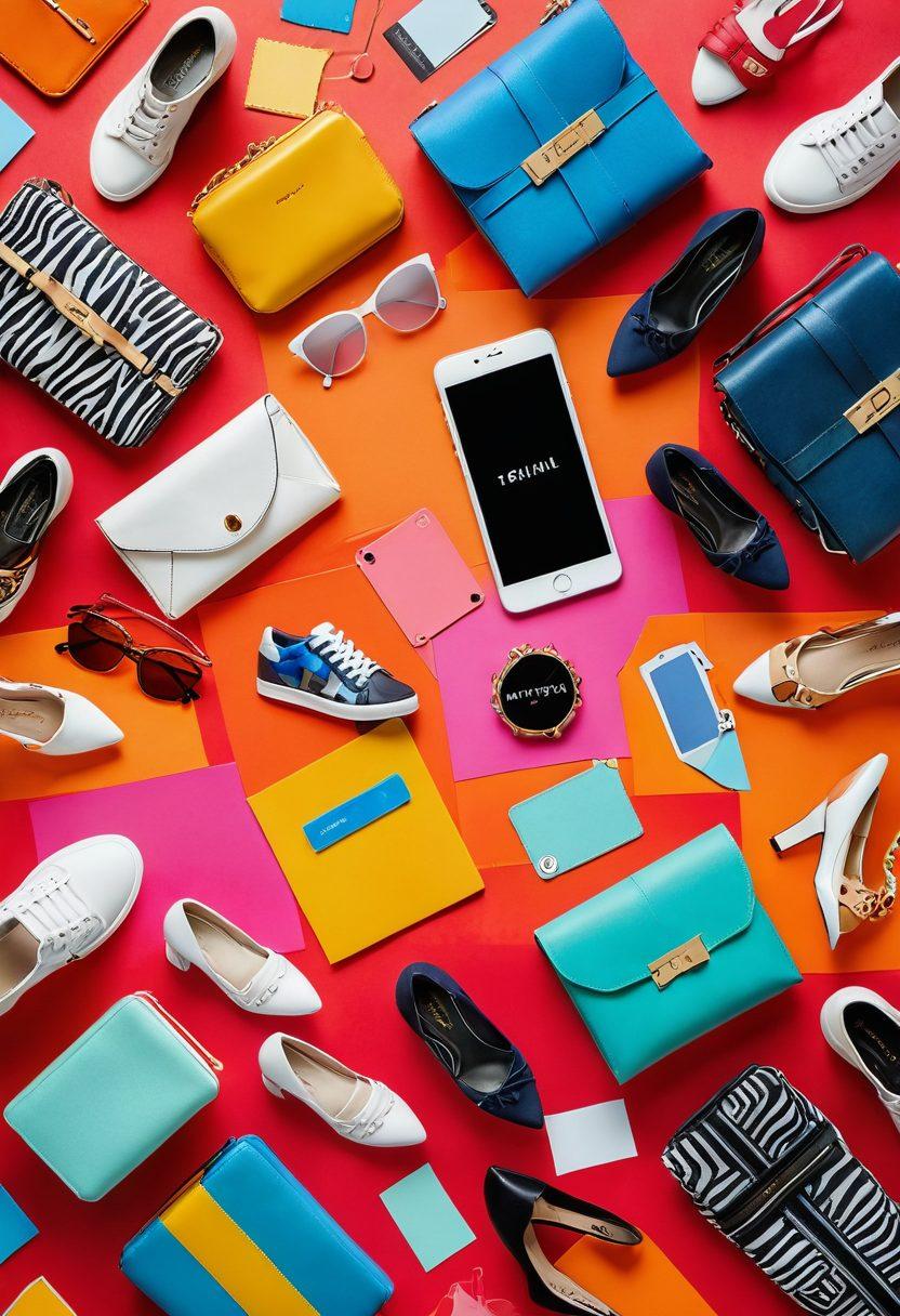 A vibrant collage showcasing trendy affordable fashion items such as stylish clothing, accessories, and shoes, arranged creatively on a smart device displaying online shopping deals. Include elements like shopping carts, price tags, and discount badges in a lively, colorful background. The scene should exude a sense of excitement and accessibility in fashion. super-realistic. vibrant colors. white background.