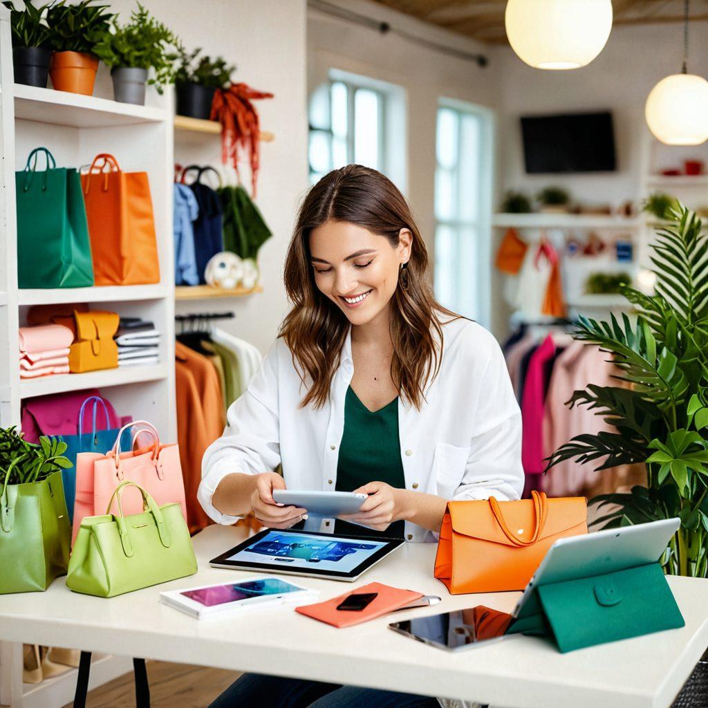 A stylish individual joyfully browsing through an online fashion store on a tablet, surrounded by colorful shopping bags and fashion accessories. Include a glowing computer screen displaying various clothing items, with a visually appealing layout. The background should feature a cozy, modern living room setting filled with plants and soft lighting, creating a warm atmosphere. super-realistic. vibrant colors. soft focus.