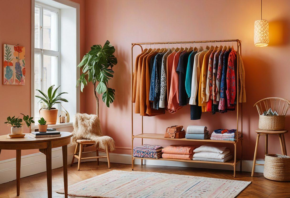 A stylish and chic outfit display featuring a mix of affordable clothing pieces hanging on a colorful rack in a cozy room. Include a notepad and pen with handwritten tips on a nearby table, along with discount tags scattered artistically throughout the scene. Add warm lighting to create an inviting atmosphere. super-realistic. vibrant colors. cozy ambiance.
